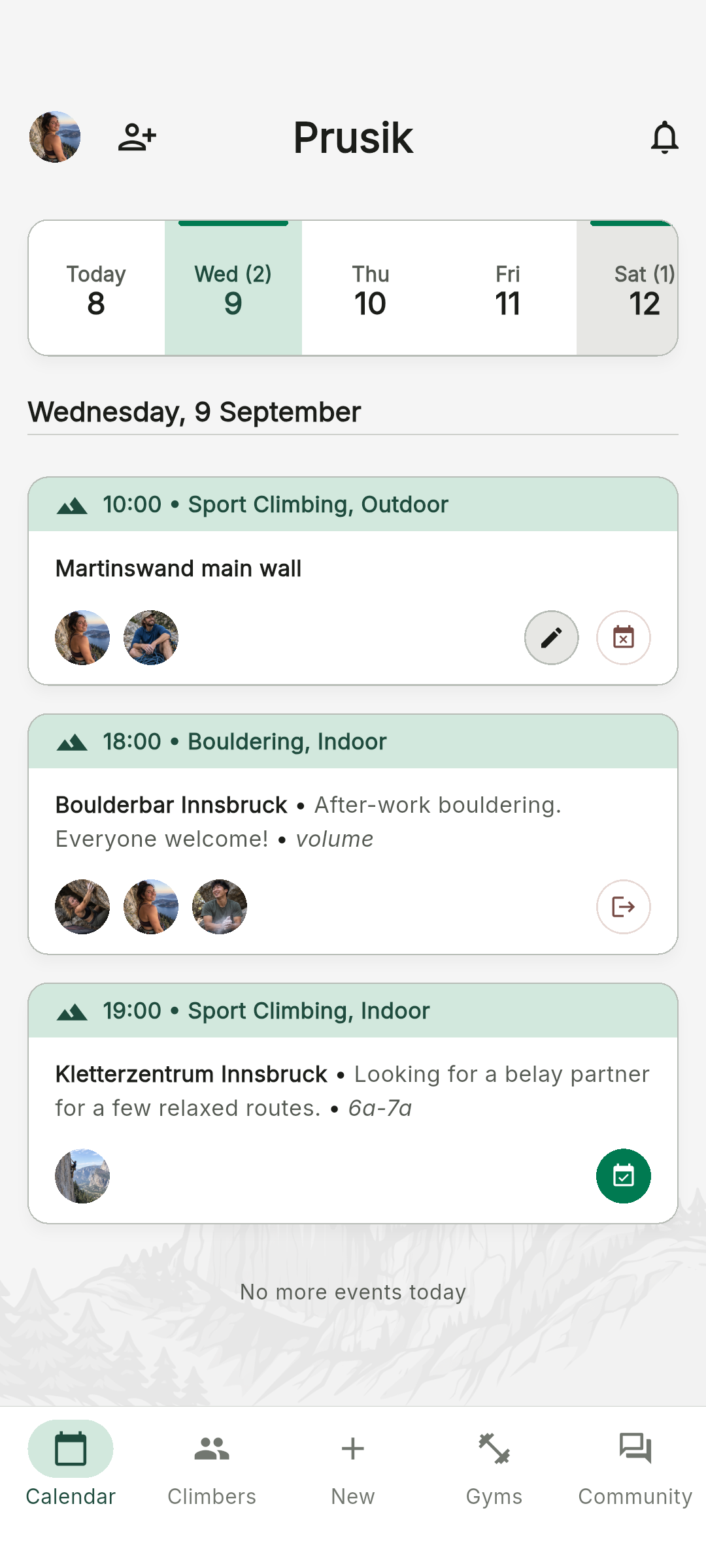 Prusik calendar screen showing planned climbing sessions.