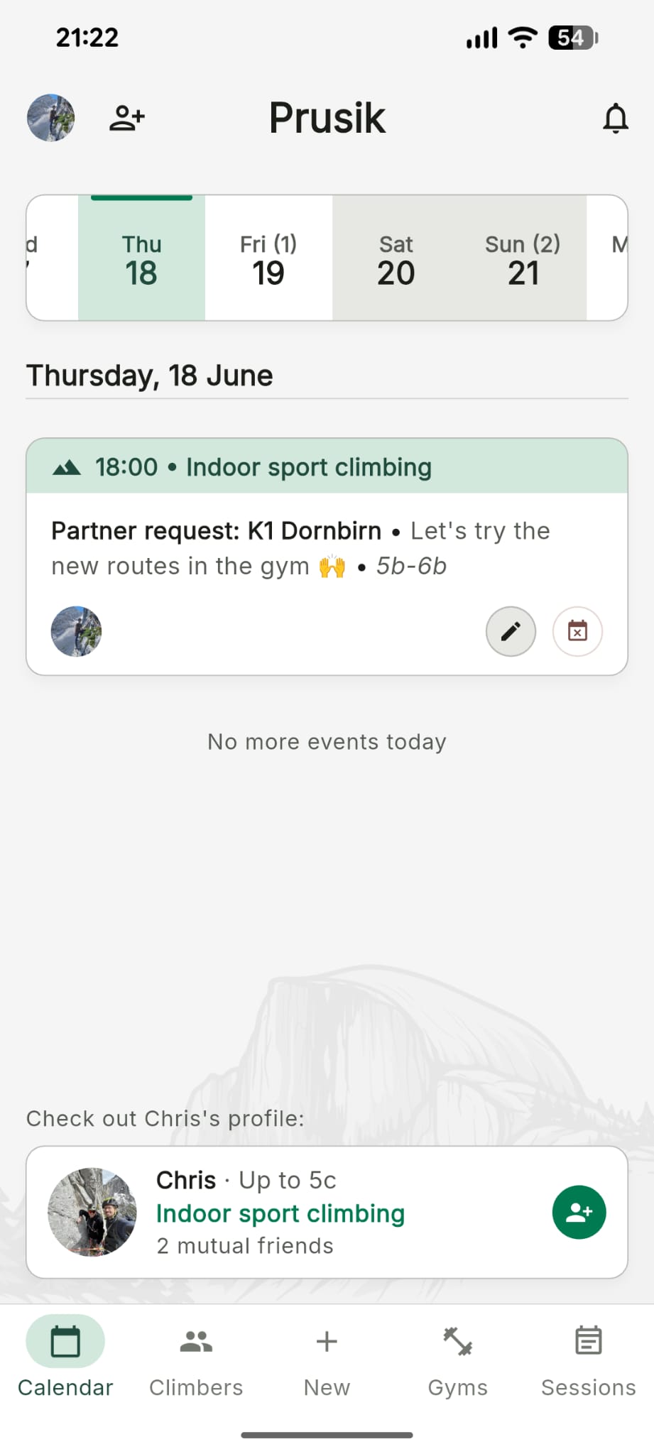 Prusik calendar screen showing a climbing partner request and a suggested climber profile.
